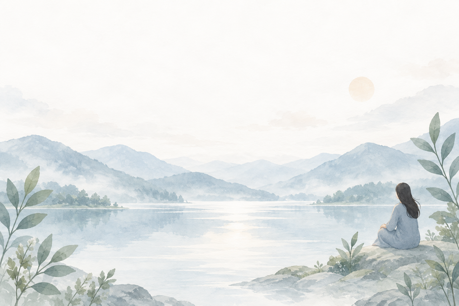木々に囲まれた静かな湖の水彩画